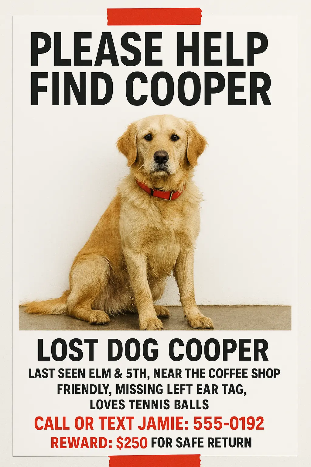Lost Dog Poster template with golden retriever and urgent layout