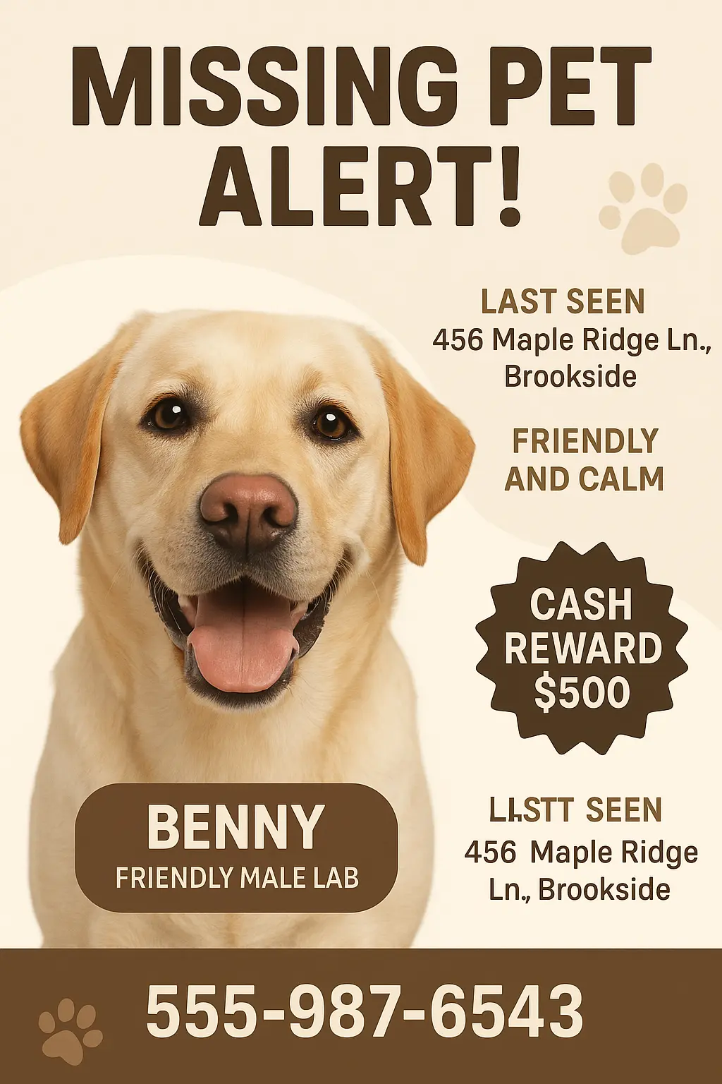 Lost Dog Poster template with smiling Labrador and contact info