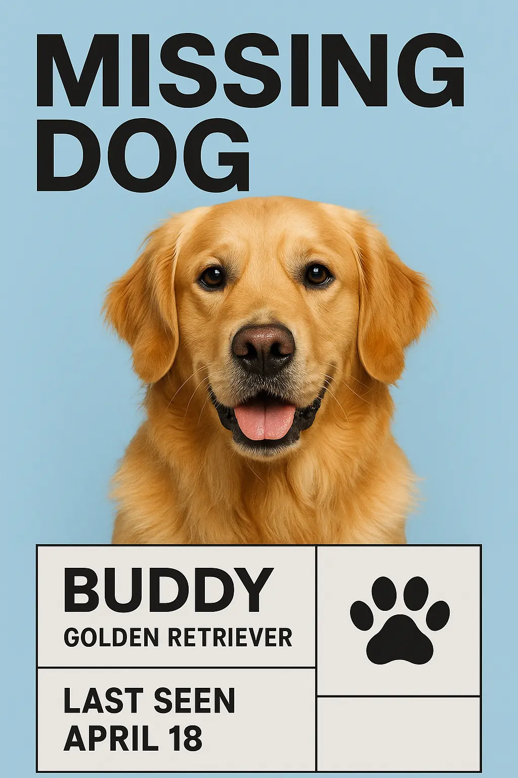 Lost Dog Poster template featuring a golden retriever with contact details