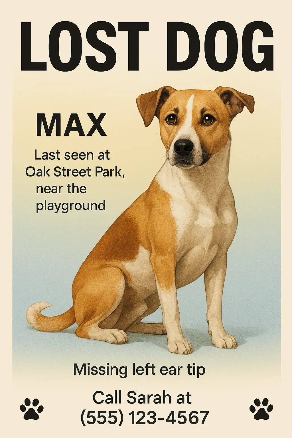 Lost Dog Poster template featuring tan and white dog with missing ear tip