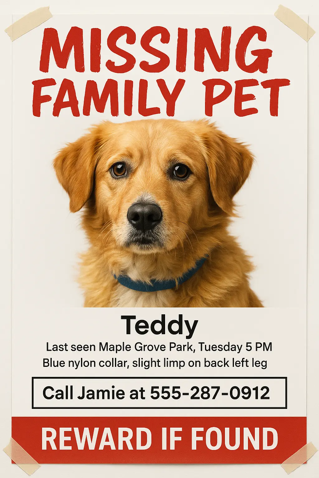 Lost Dog Poster template with golden retriever and red headline