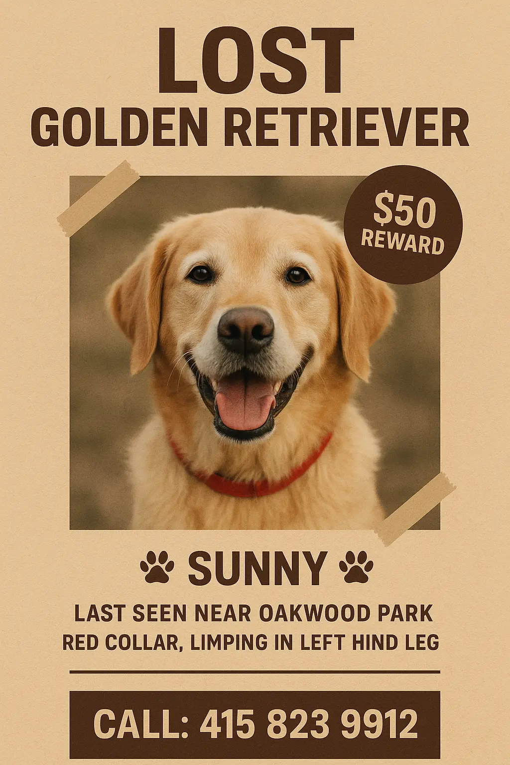 Lost Dog Poster template with golden retriever and bold headline