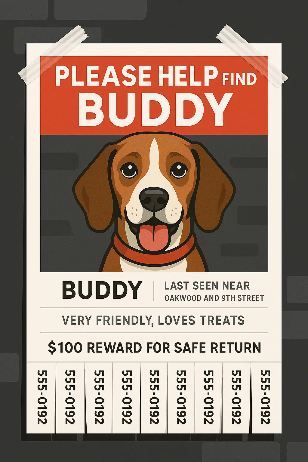 Lost Dog Poster template with cartoon beagle and red banner