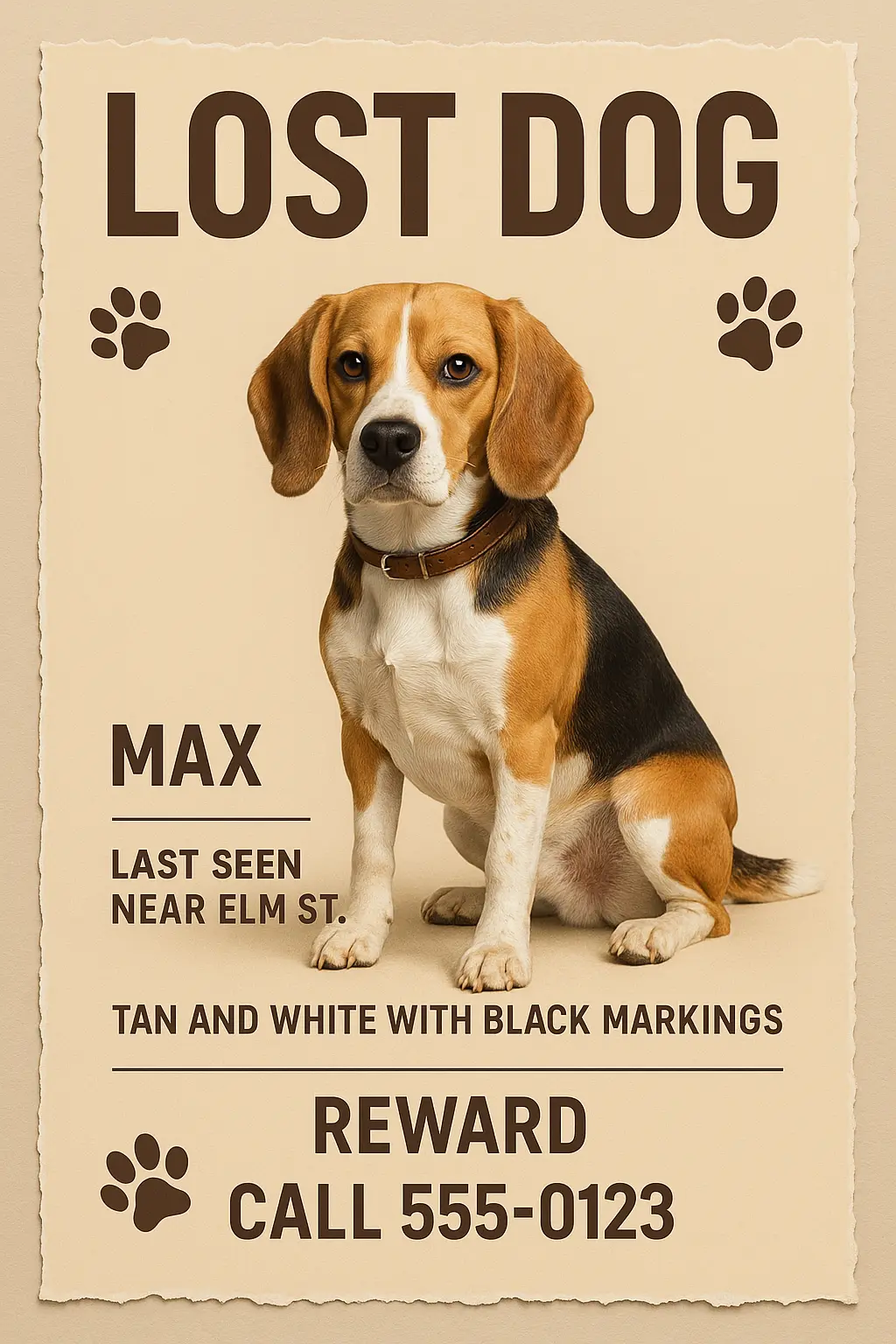 Lost Dog Poster template with Beagle, hopeful tone, beige background