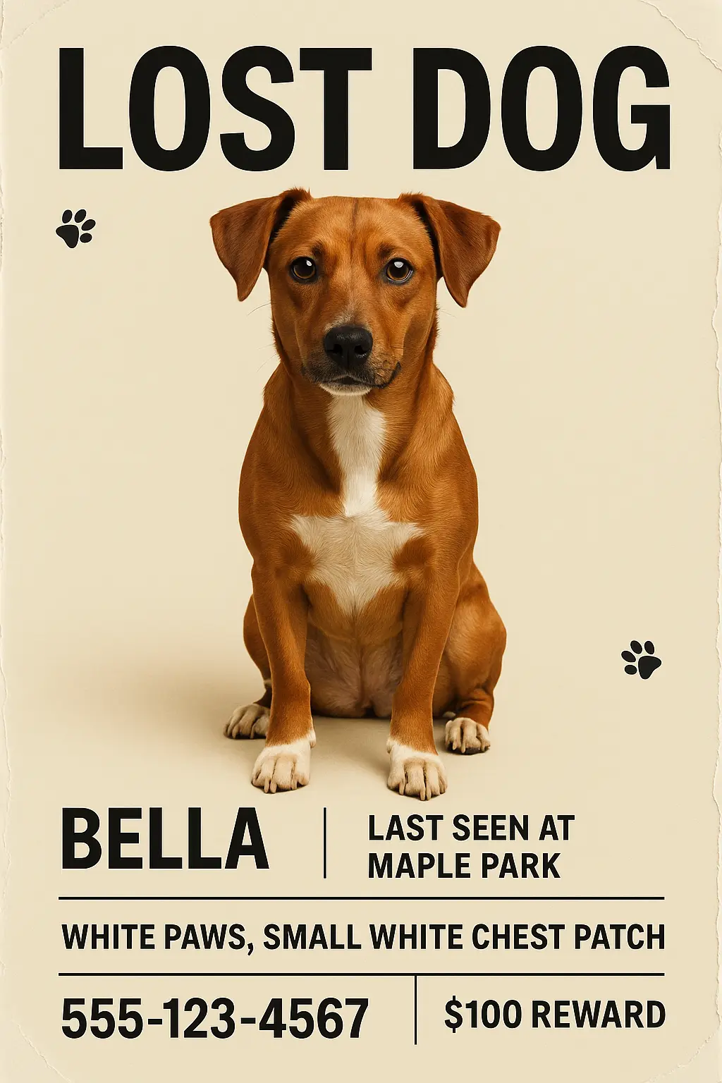 Lost Dog Poster template featuring a medium-sized brown and white dog with white paws.