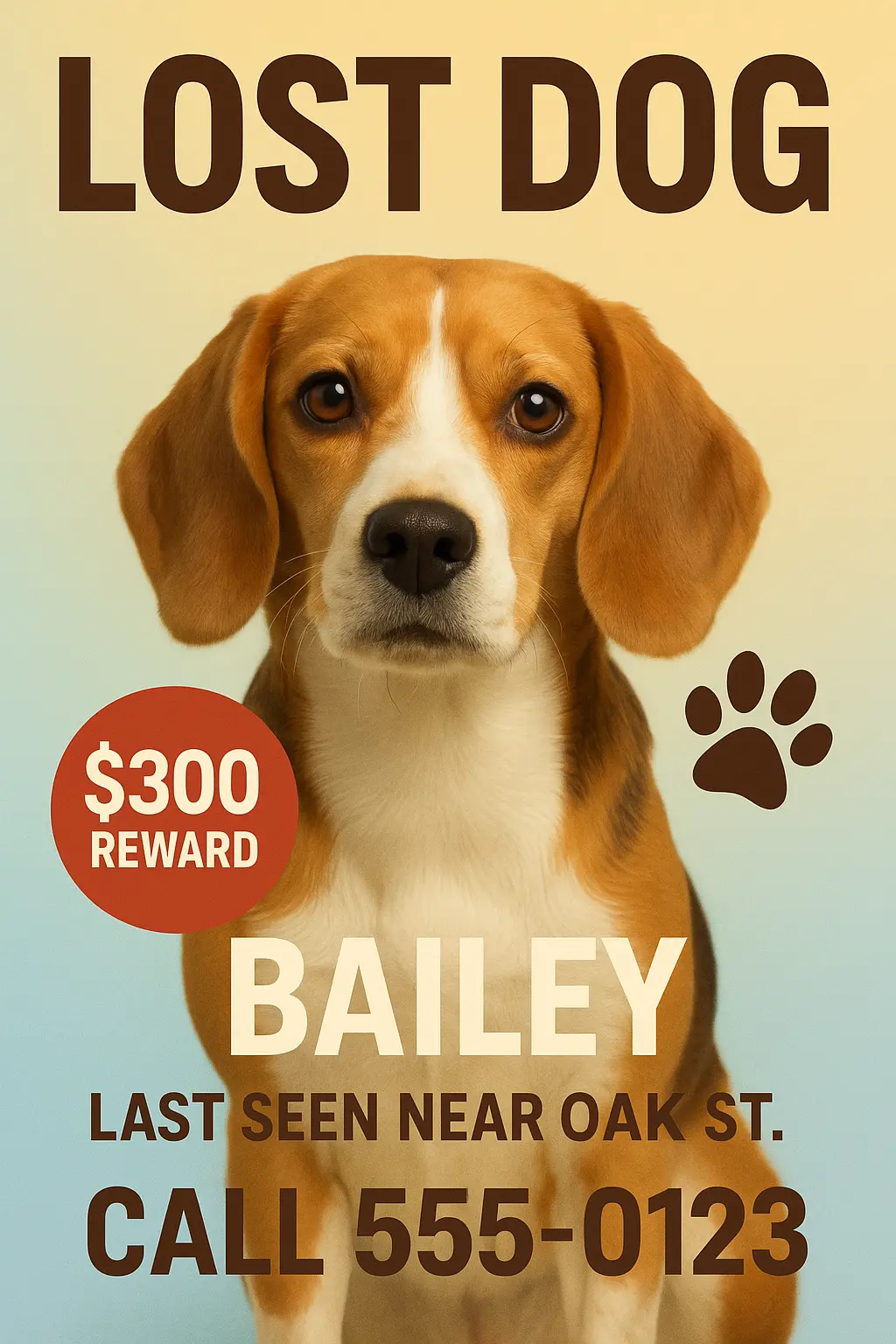 Lost Dog Poster template with beagle photo and $300 reward