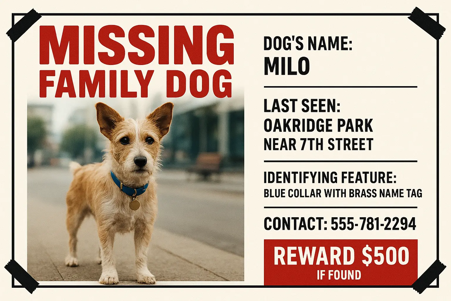 Bold Lost Dog Poster template with red-white layout and golden retriever