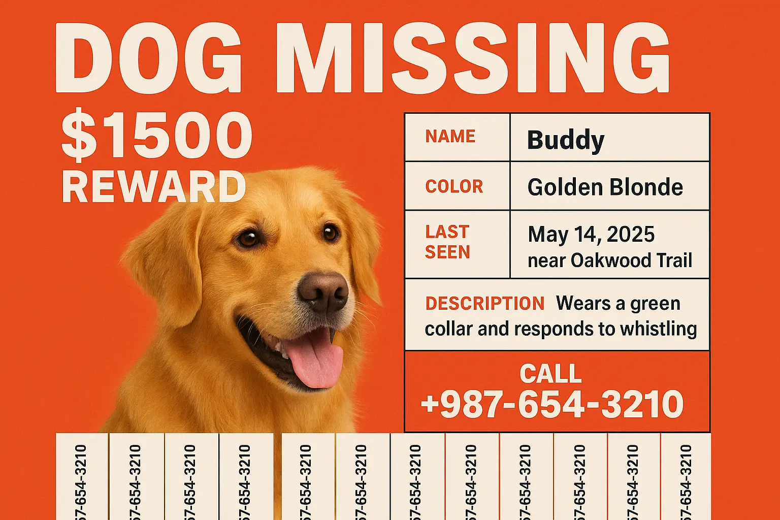 Lost Dog Poster template with golden retriever and urgent reward notice