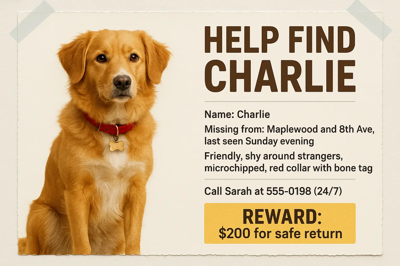 Lost Dog Poster template featuring tan dog with collar and white chest