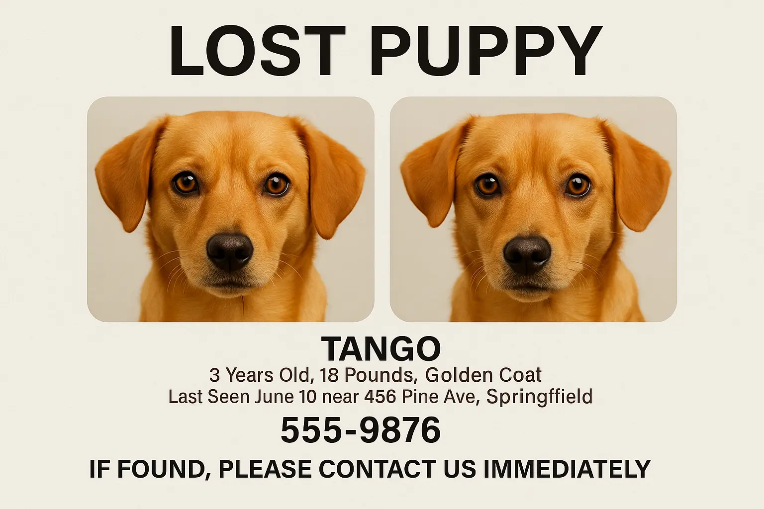 Lost Dog Poster template with golden Labrador and bold red text