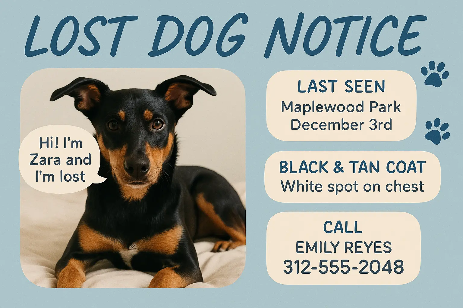 Lost Dog Poster template with bold blue text and grid background