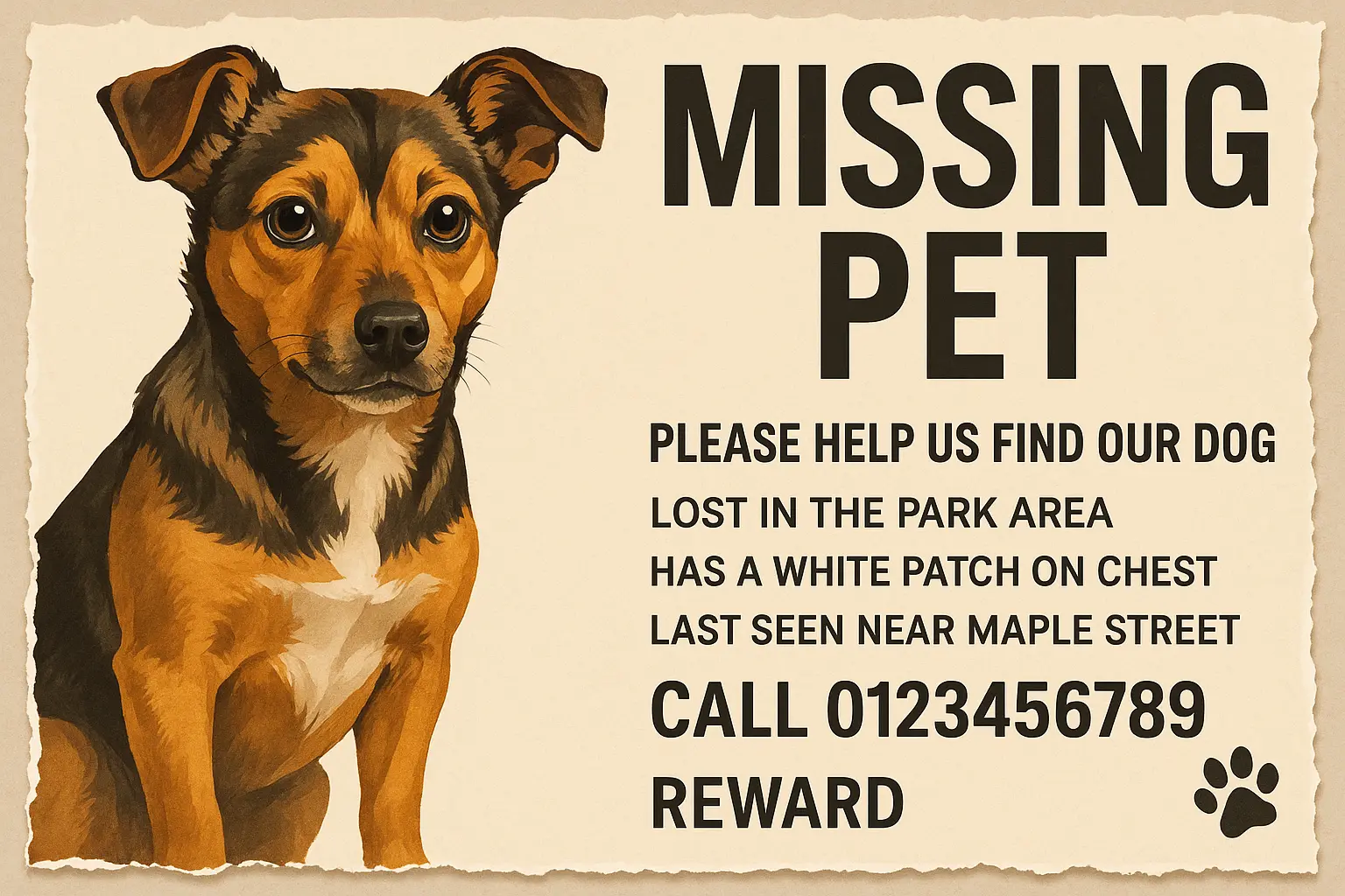 Lost Dog Poster template with brown dog and contact info
