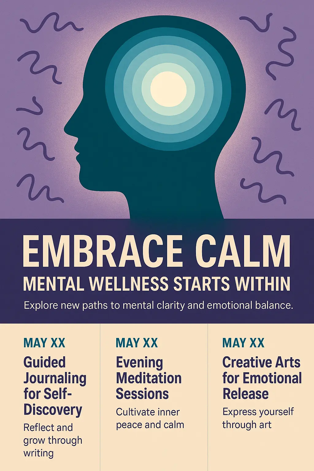 Mental Health Poster template with focused head silhouette and calming colors