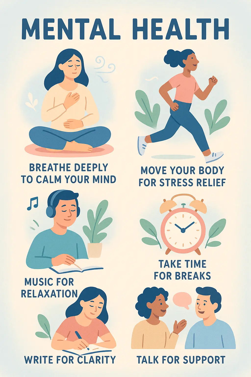 Mental Health Poster template with stress relief tips in pastel colors.