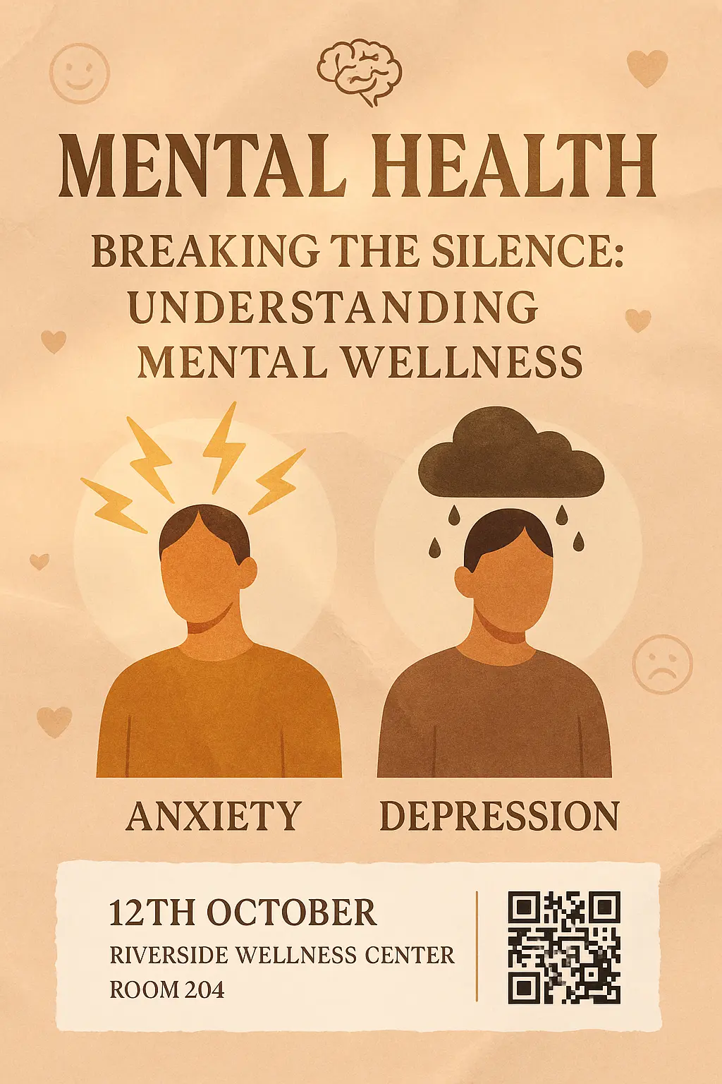 Emotional Mental Health Poster template with faceless figures and icons