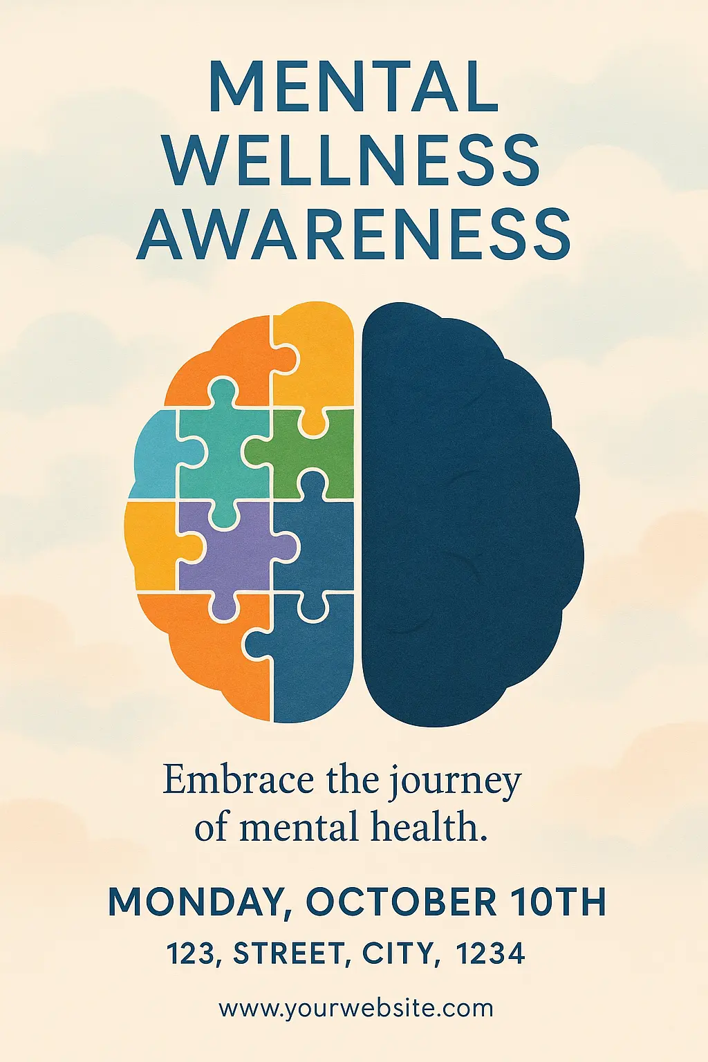 Mental Health Poster template with brain puzzle design and event details