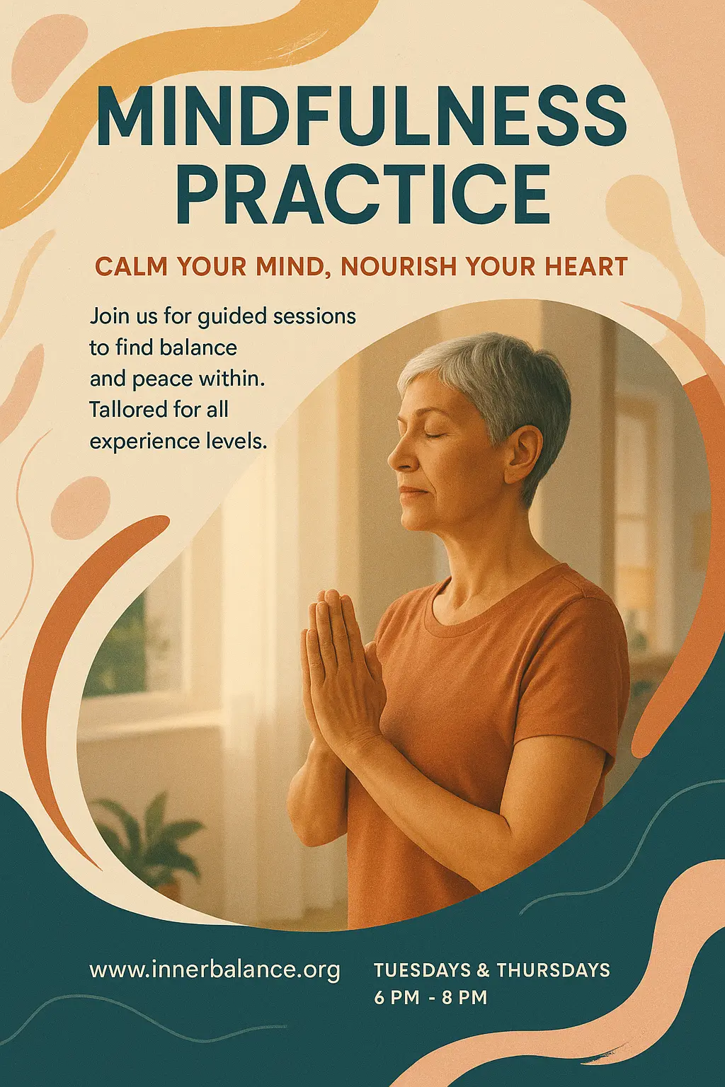 Peaceful Mental Health Poster template with woman meditating