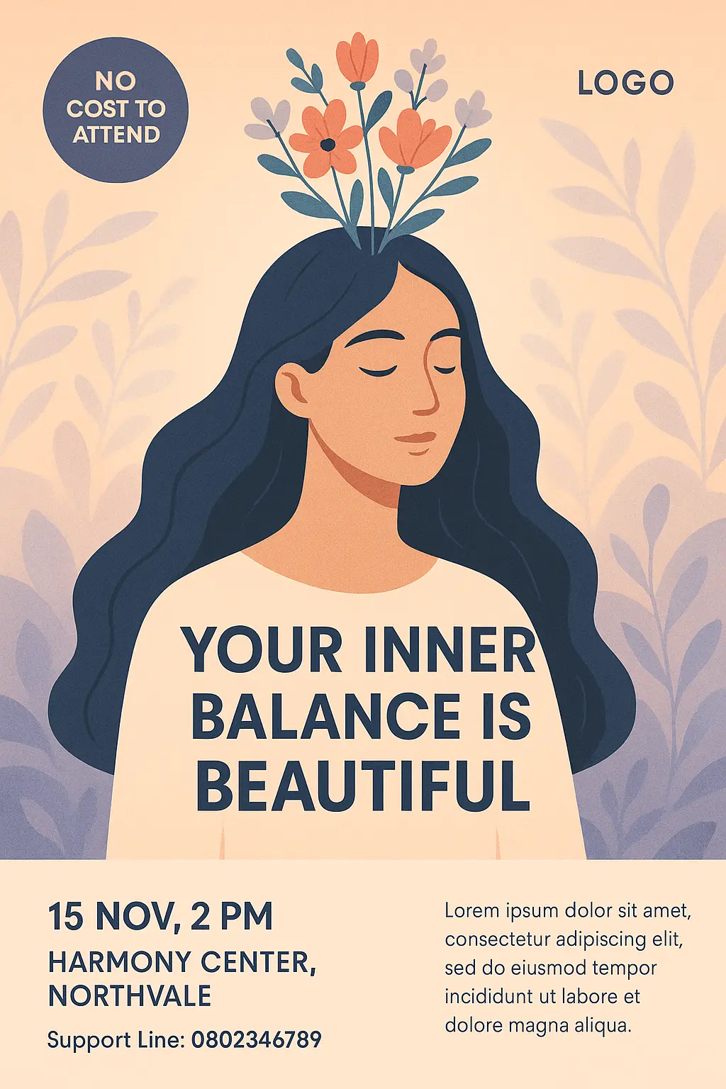 Mental Health Poster template with woman and blooming flowers
