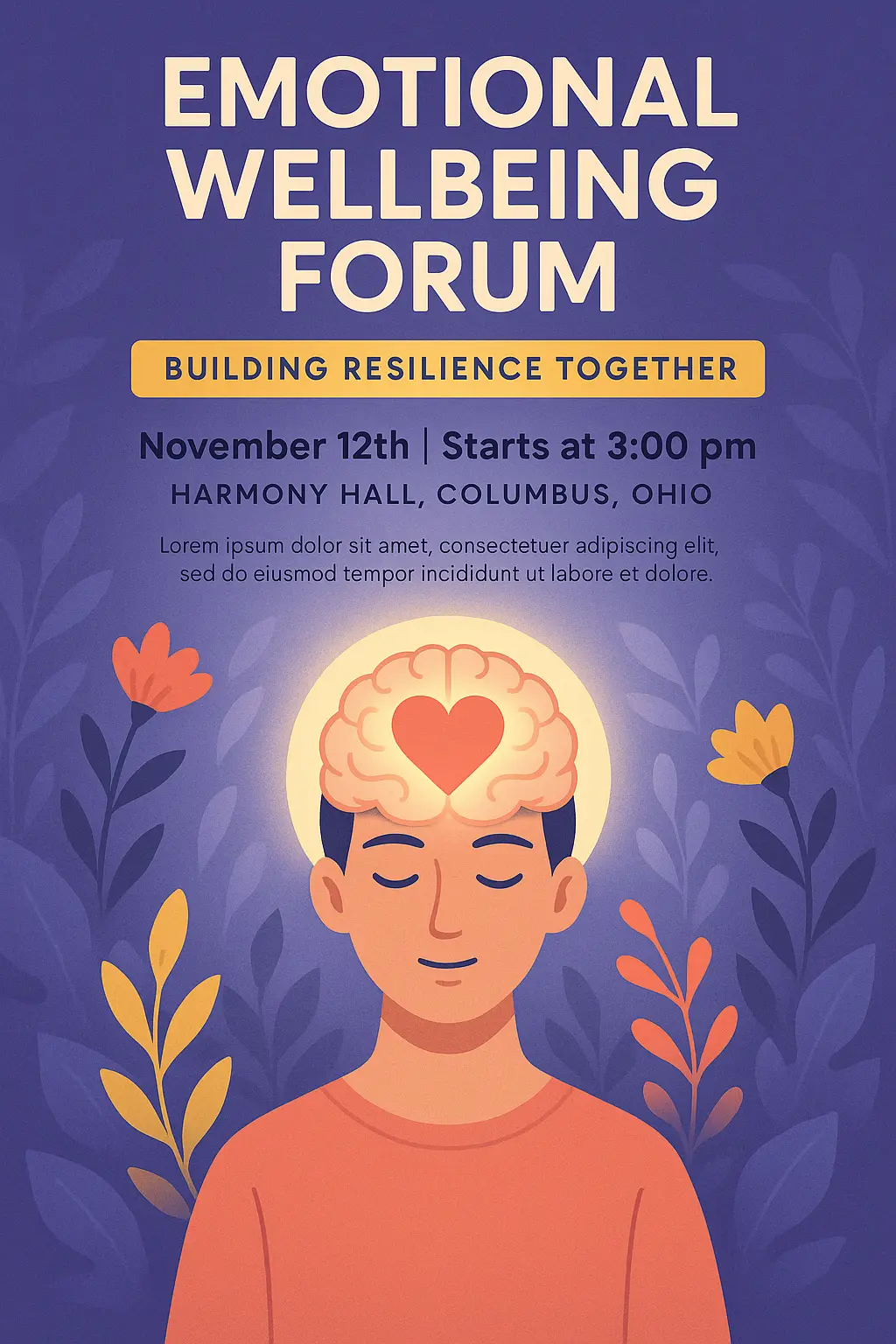Mental Health Poster template with calm figure and floral brain
