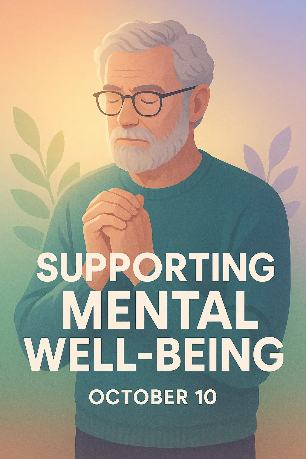 Mental Health Poster template featuring thoughtful older man with text 'Supporting Mental Well-being October 10'