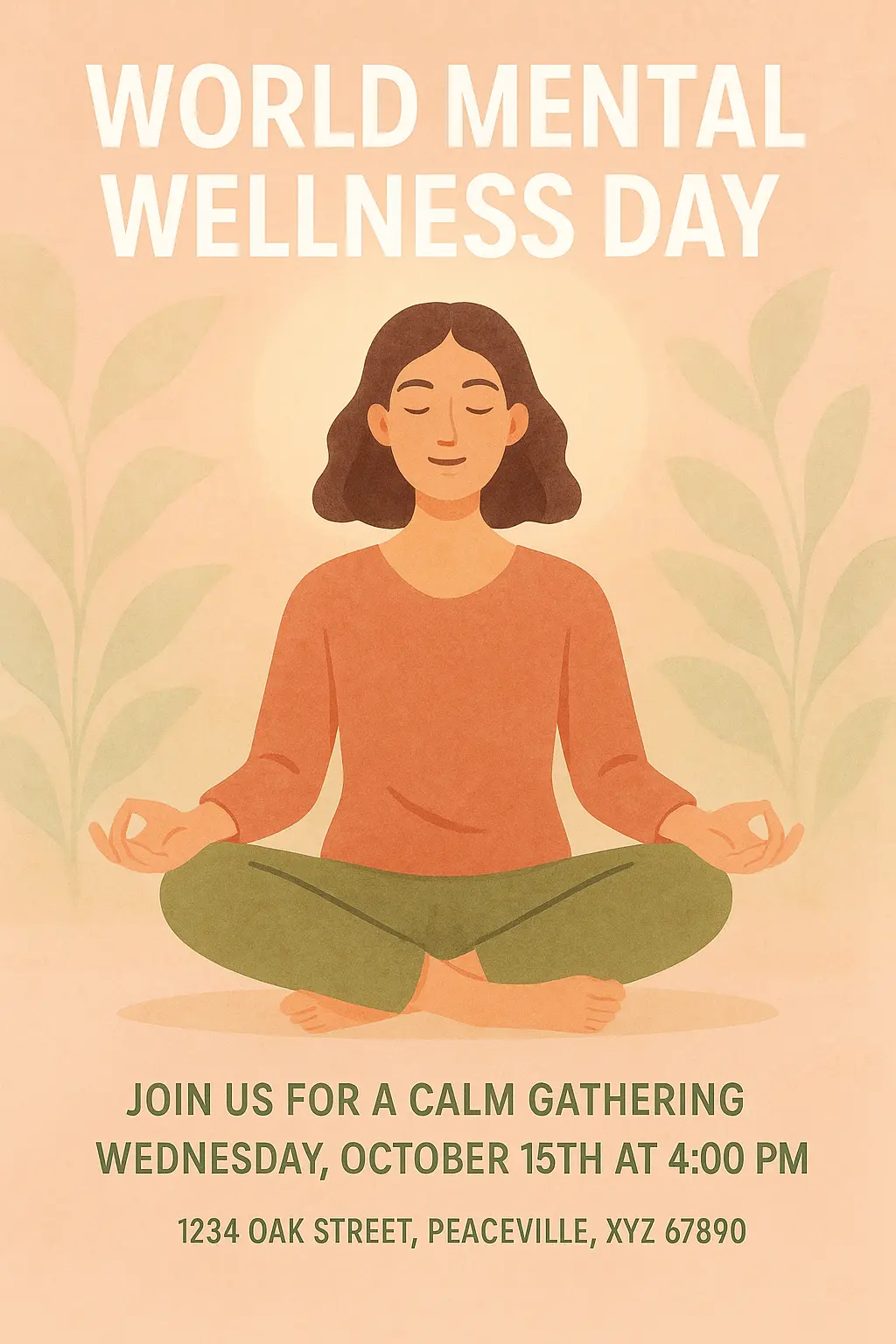 Mental Health Poster template with a calm, mindful person and event details