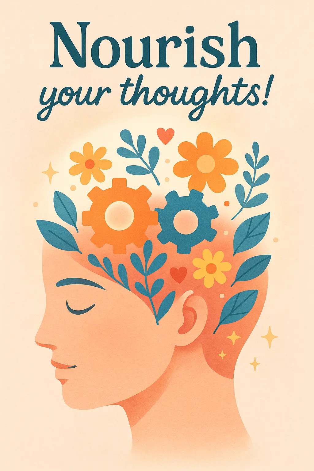 Mental Health Poster template featuring abstract face with gears, flowers, and stars