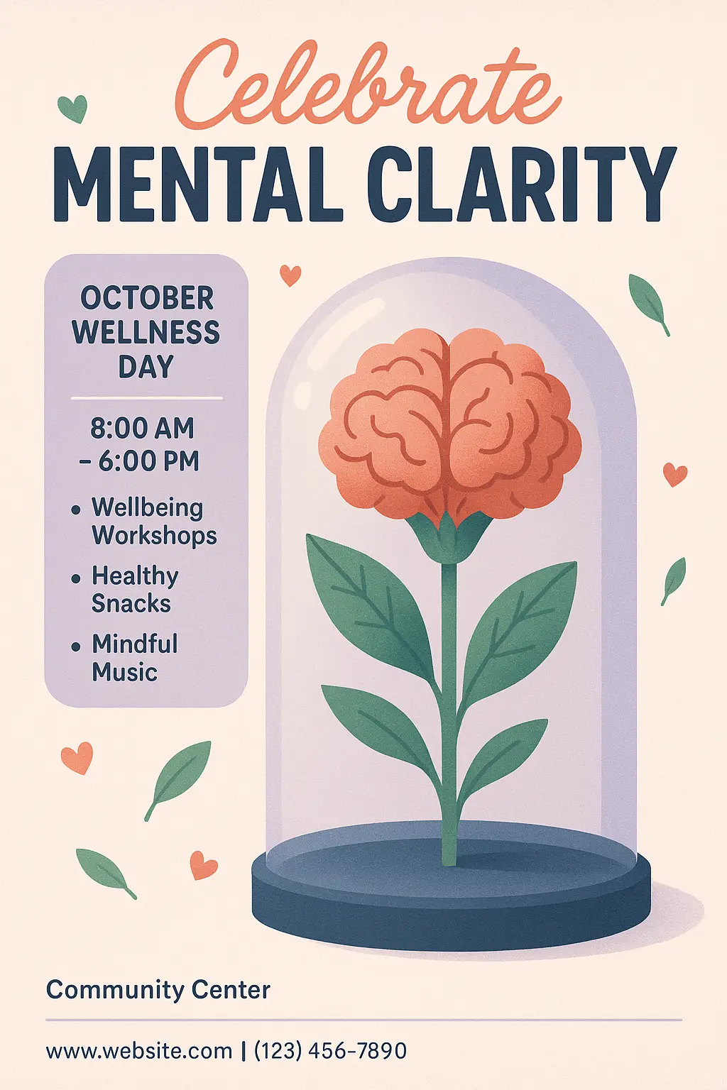 Mental Health Poster template with brain-flower in glass dome