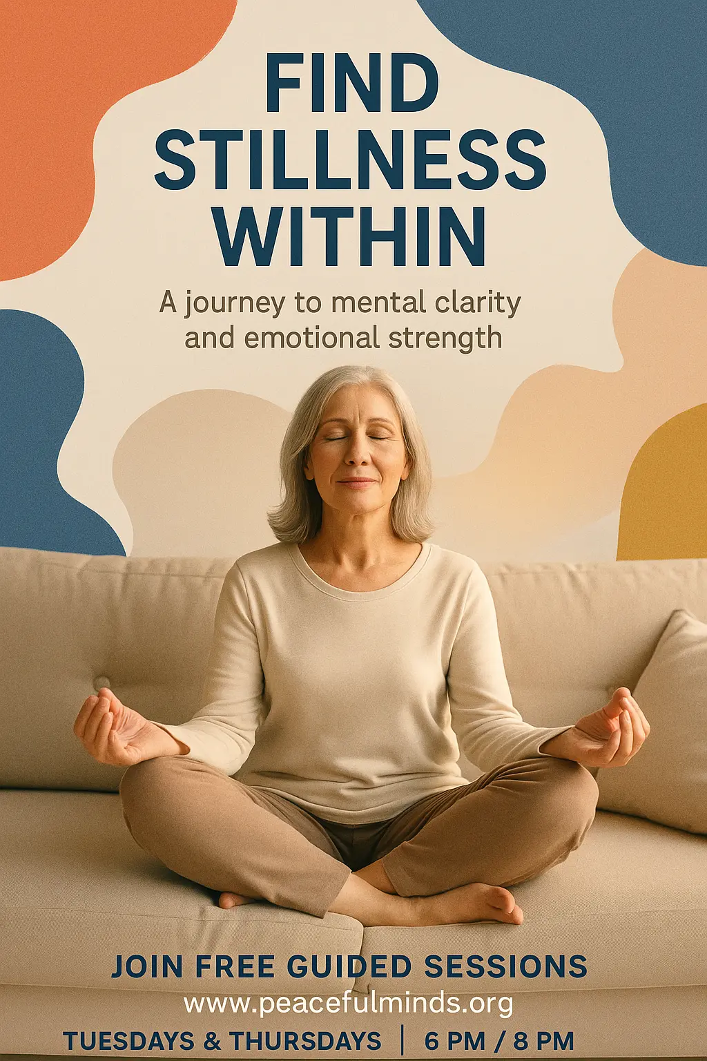 Mental Health Poster template with woman meditating and abstract design