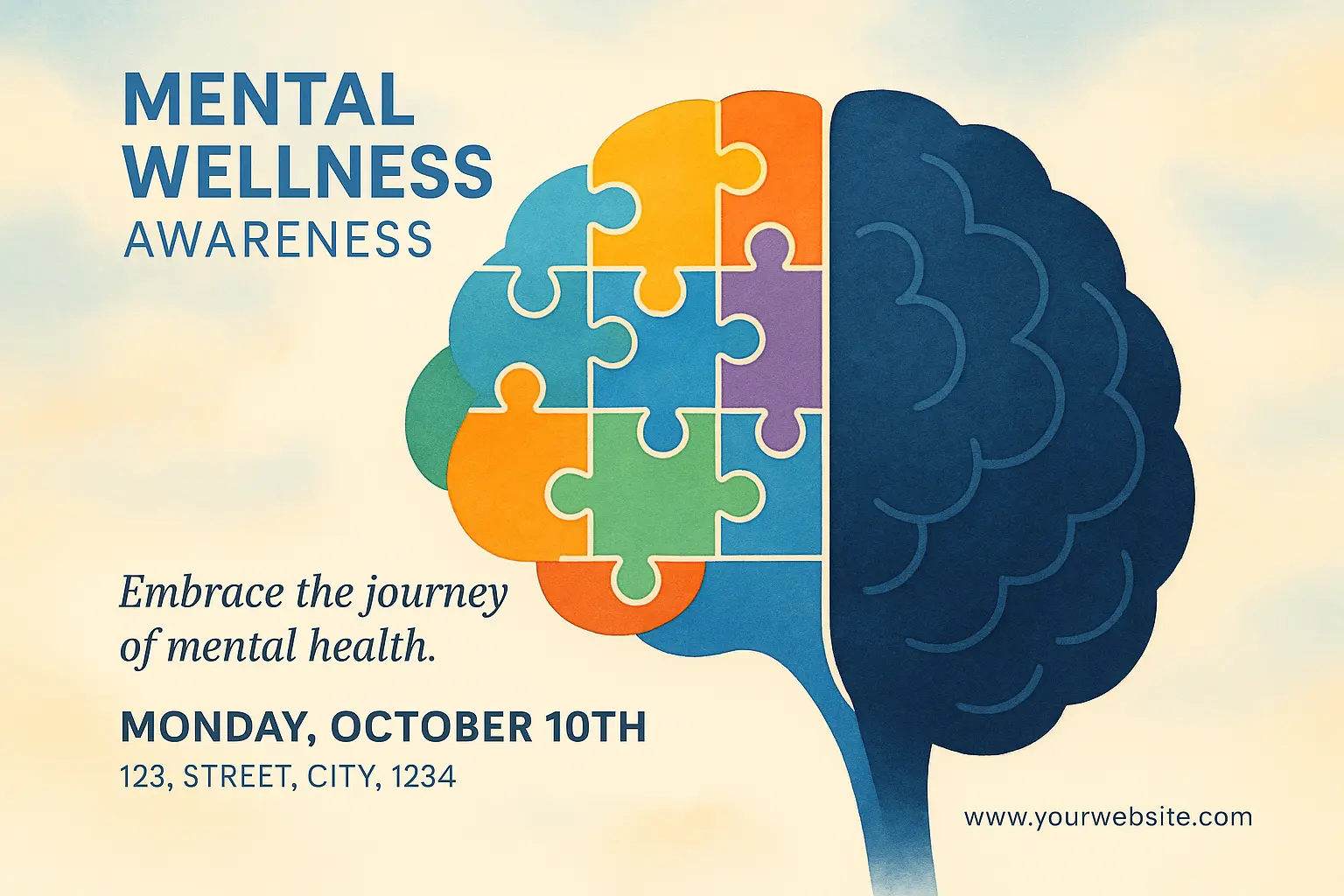 Mental Health Poster template with meditative figure and floral patterns.