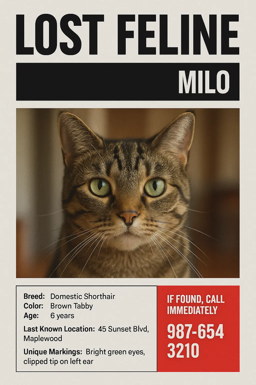 Missing Poster template featuring lost tabby cat with contact info