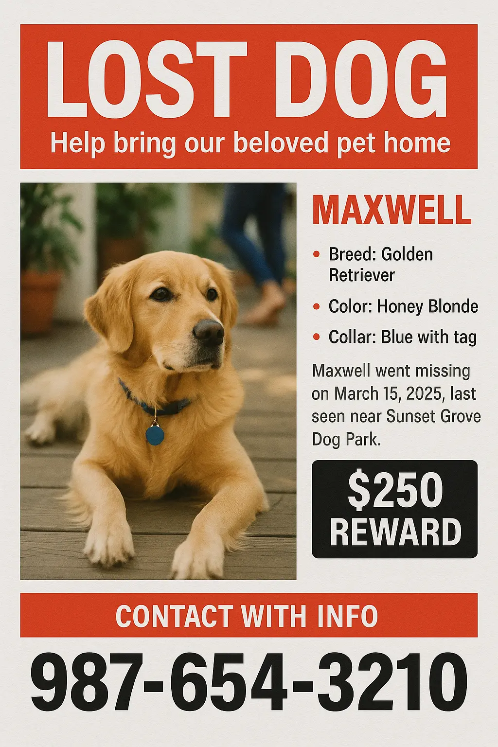 Missing Poster template with golden retriever and reward details