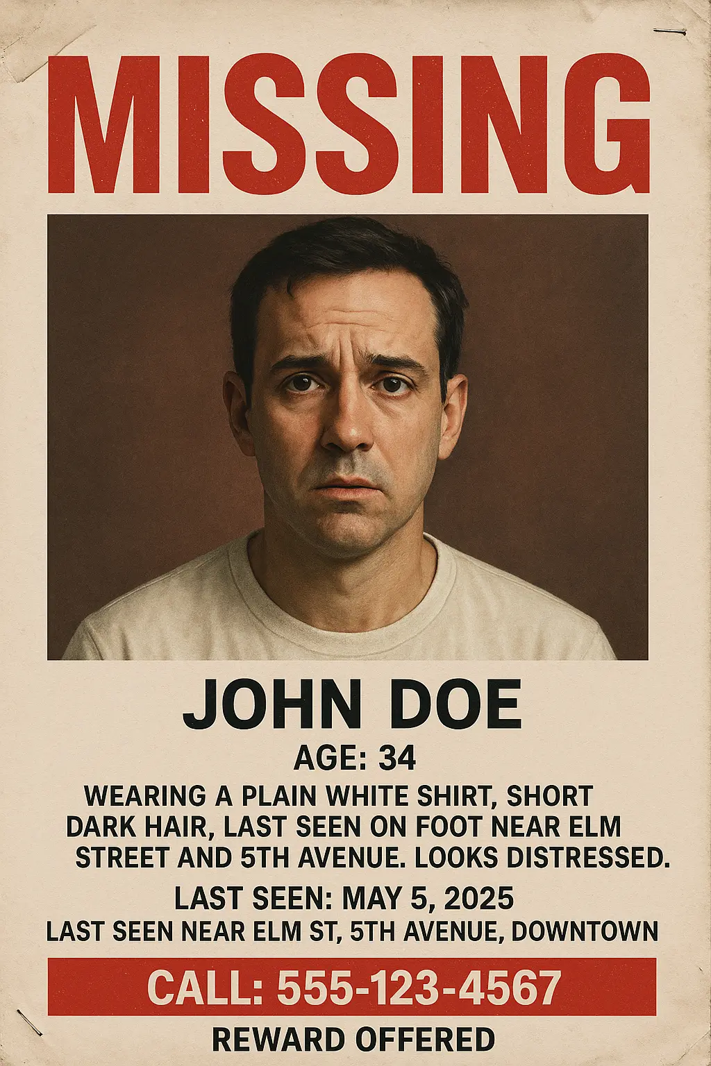 Missing Poster template with a portrait of a missing man, contact details, and reward notice