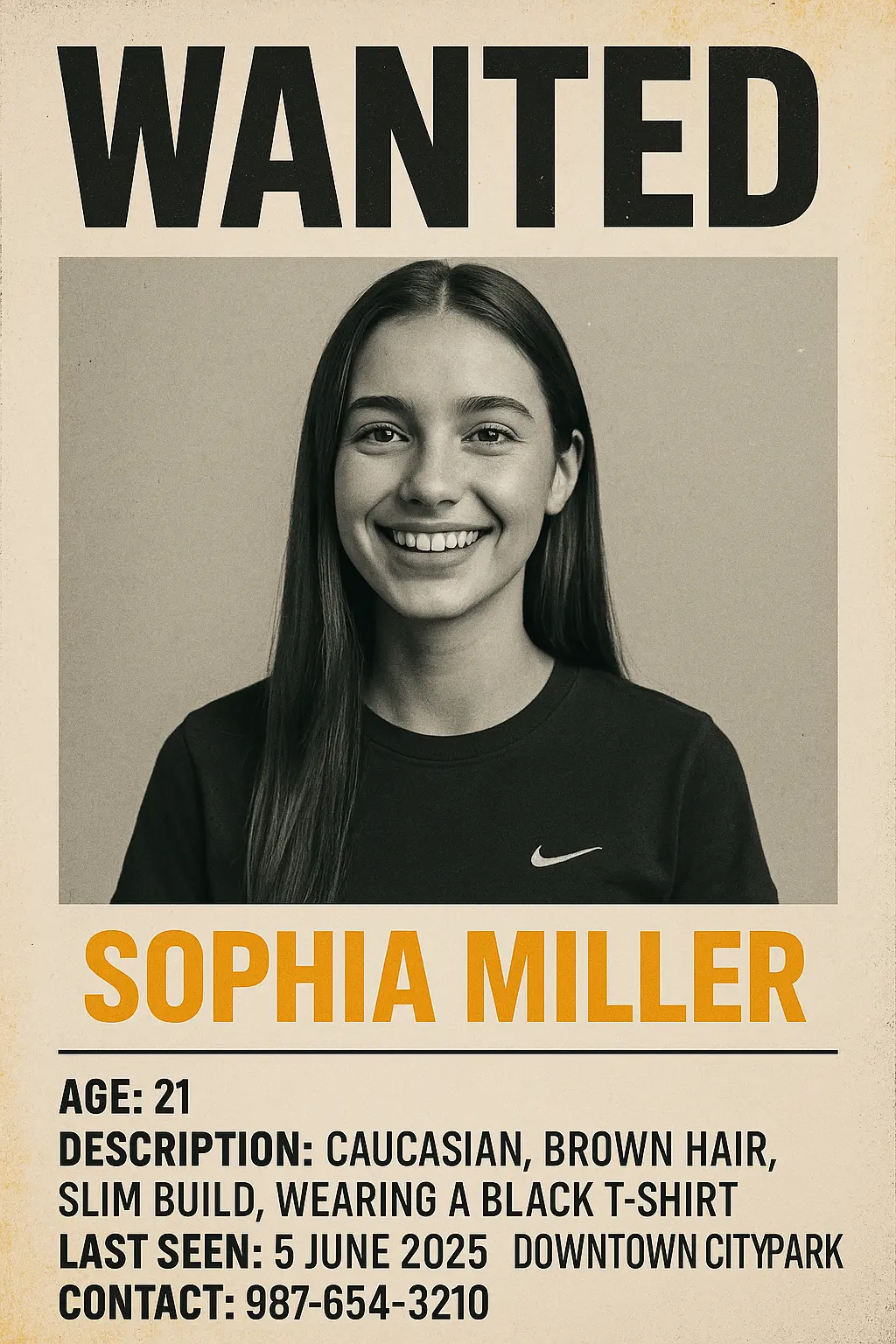 Missing Poster template with a smiling woman in black t-shirt, urgent tone