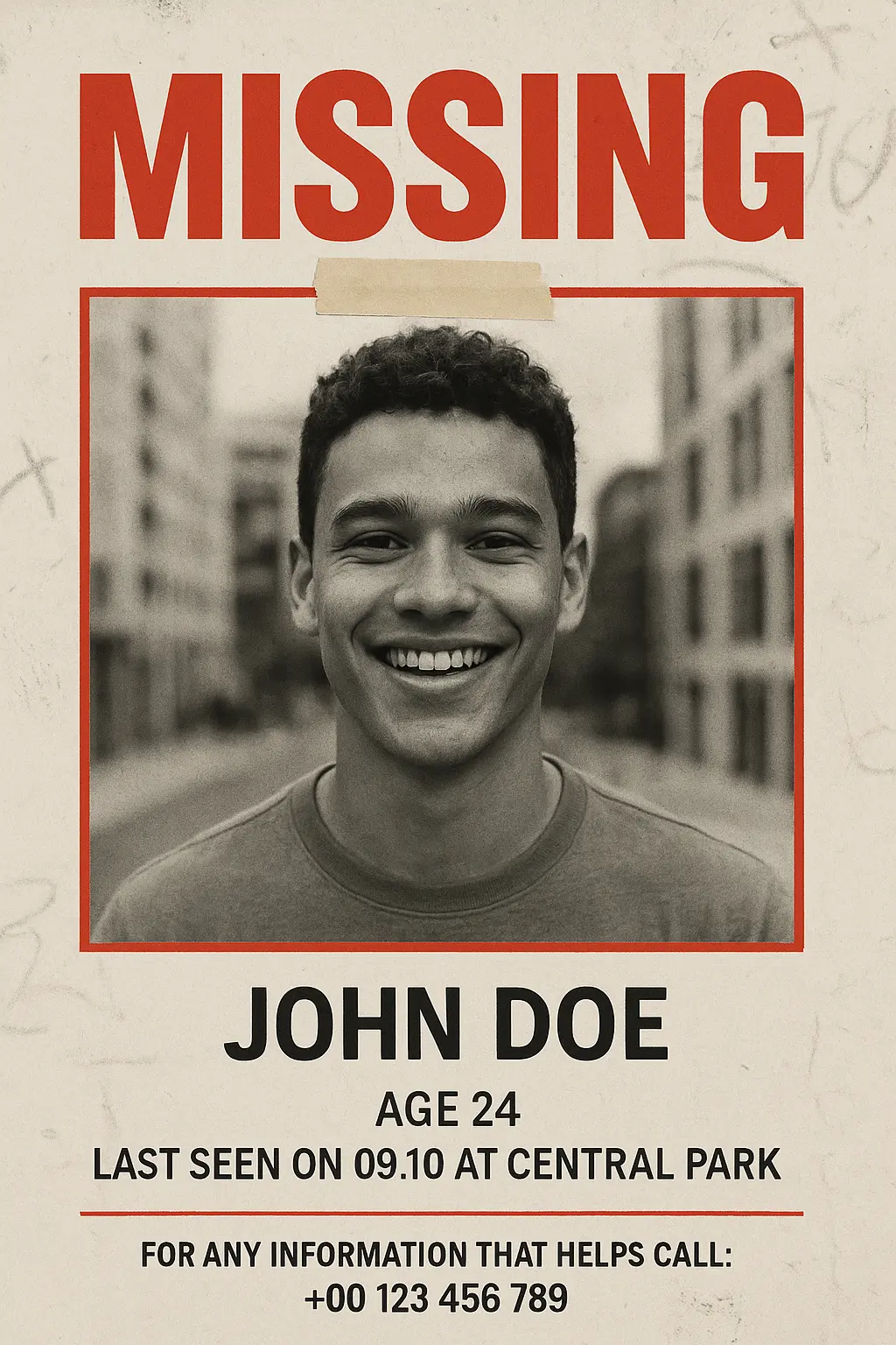 Missing Poster template with a smiling young man and urgent contact info