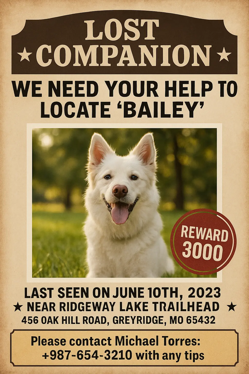 Missing Poster template with photo of white dog and reward notice