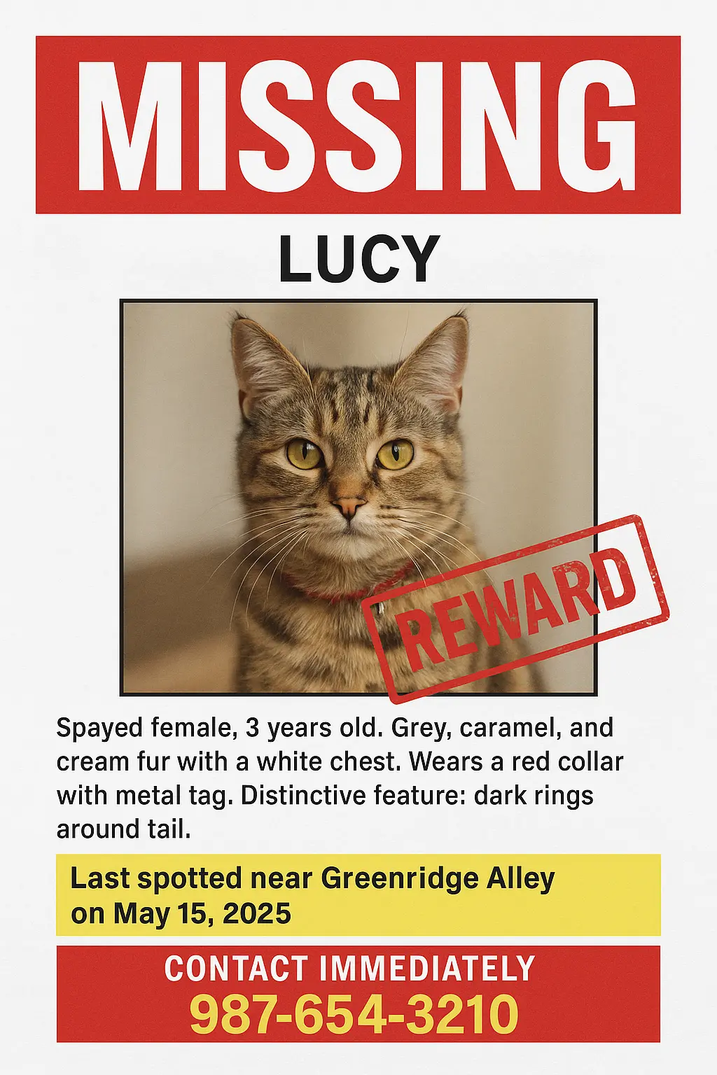 Missing Poster template with cat photo and bold red text