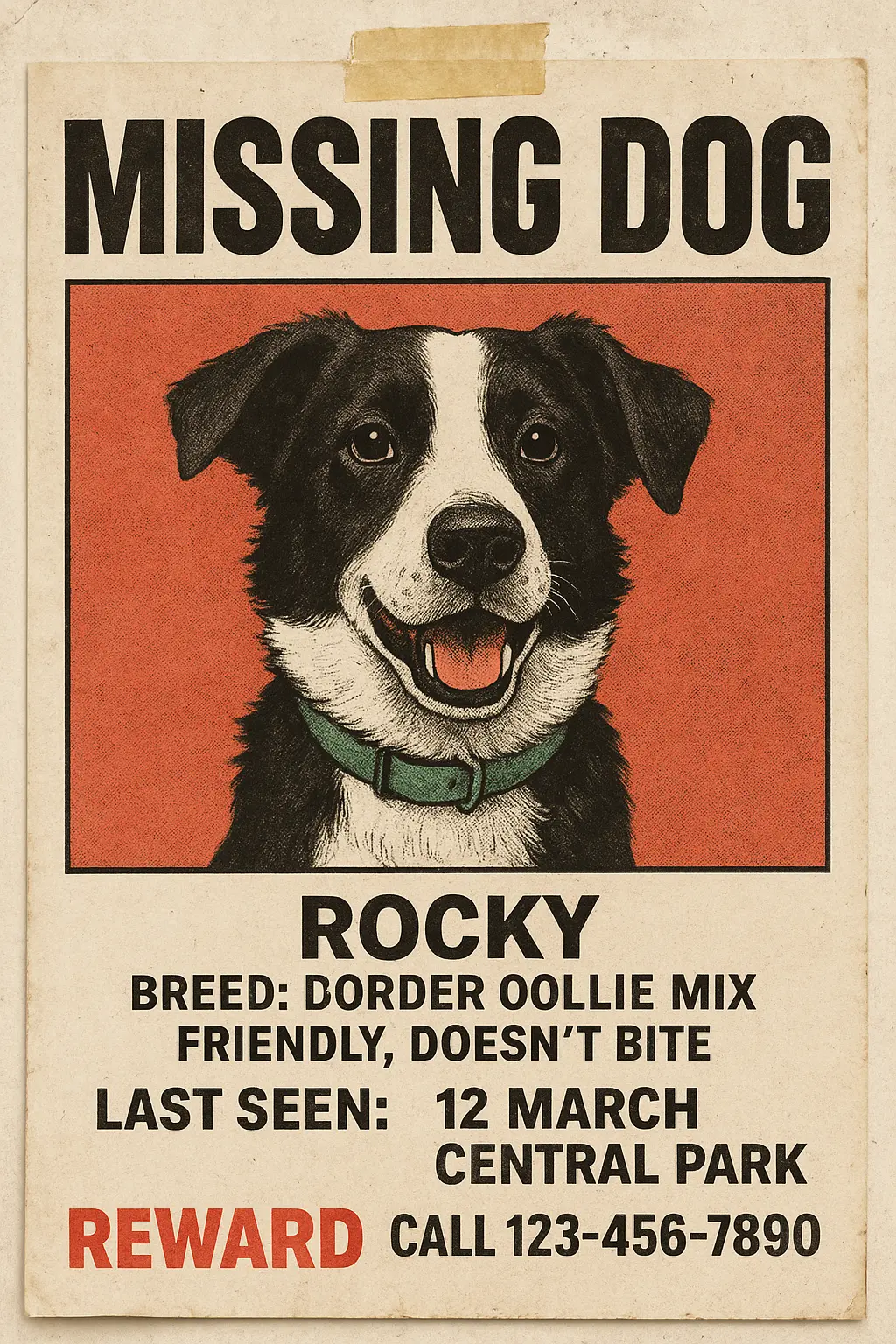 Missing Poster template with a friendly dog, reward notice