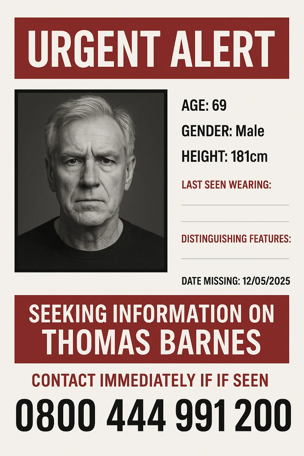 Minimalist Missing Poster template with bold red and white design