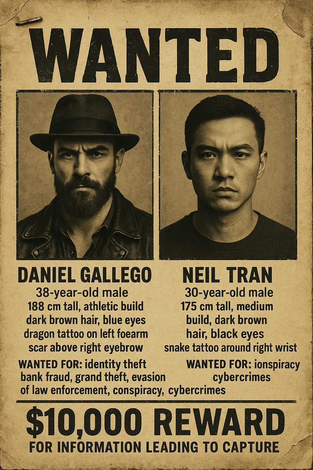 Missing Poster template with two individuals wanted for cybercrimes and fraud