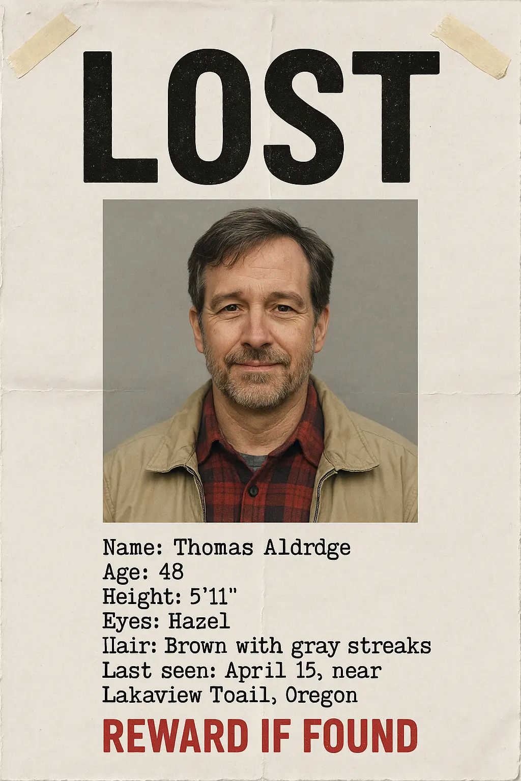 Grainy black-and-white Missing Poster template with bold LOST headline