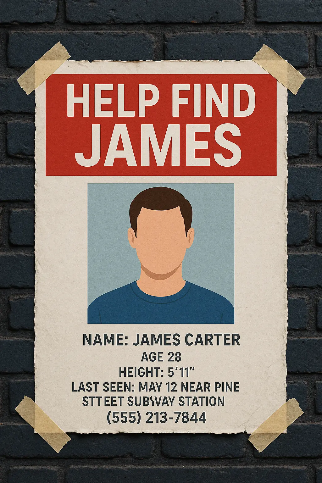 Realistic Missing Poster template with red headline and taped edges