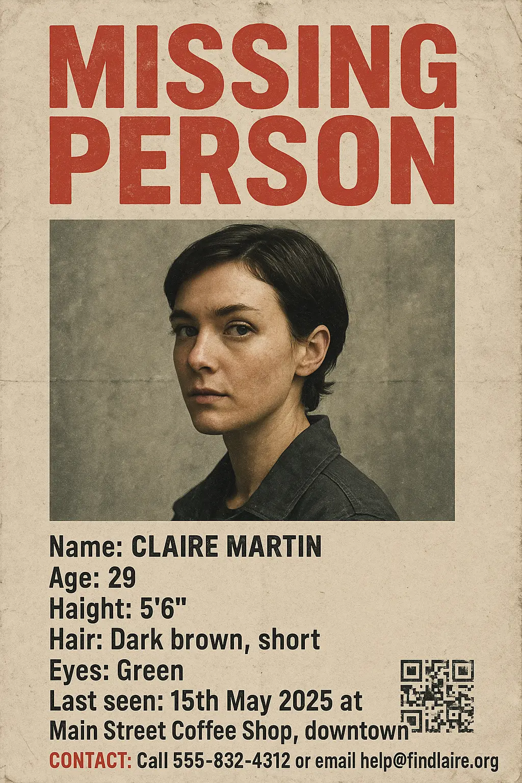 Missing Poster template featuring a woman's portrait with personal details.