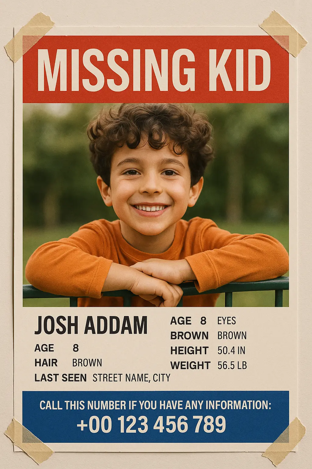 Missing Poster template with a smiling boy and contact details.