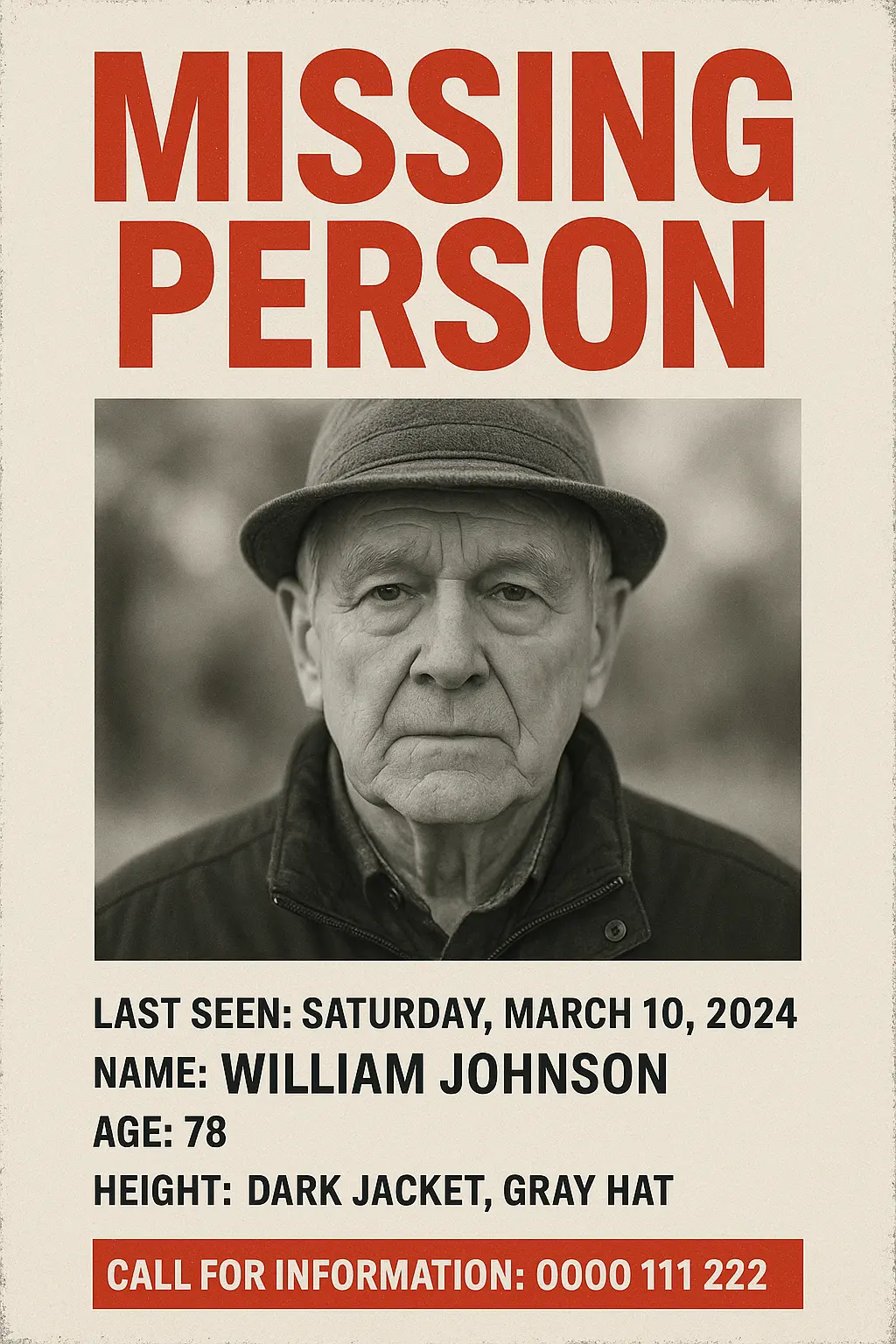 Missing Poster template featuring a man in a hat, urgent appeal