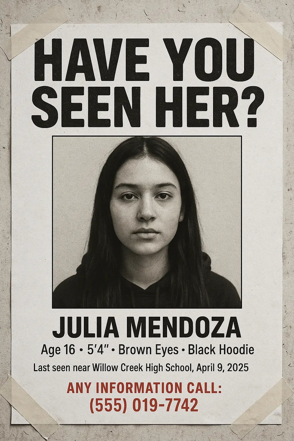 Missing Poster template featuring teenage girl with contact info