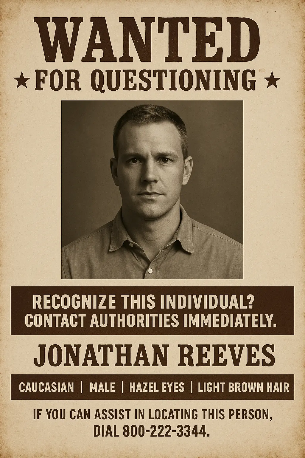 Vintage-style Missing Poster template with male portrait and contact info