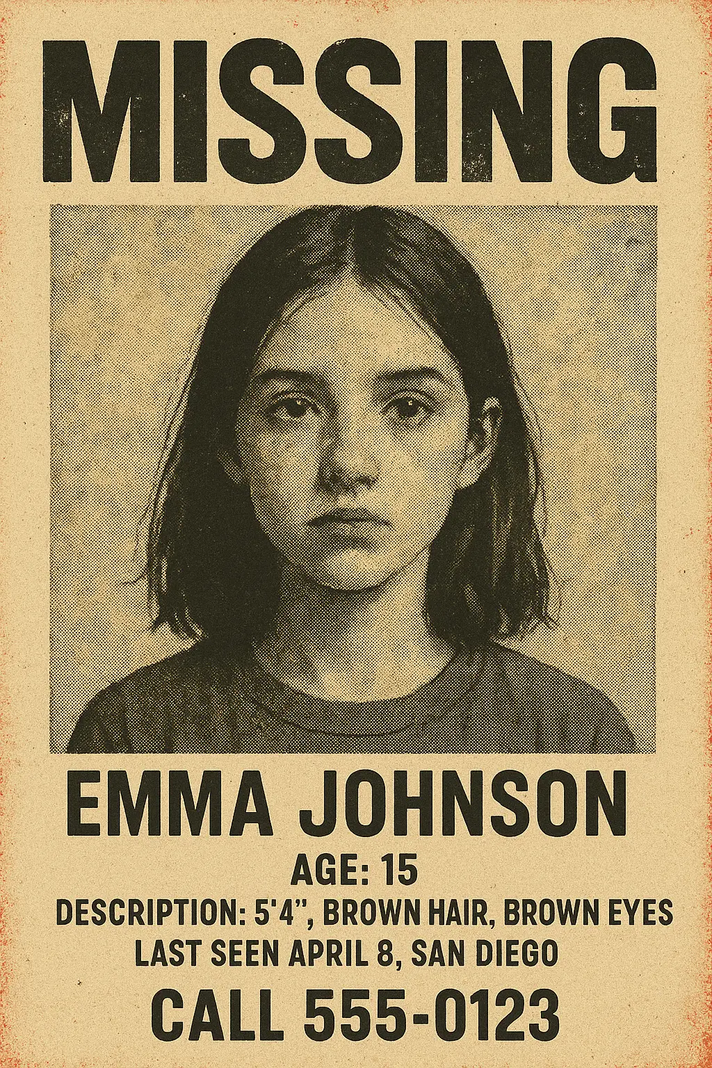 Missing Poster template with bold 'MISSING' headline, portrait, and personal details.