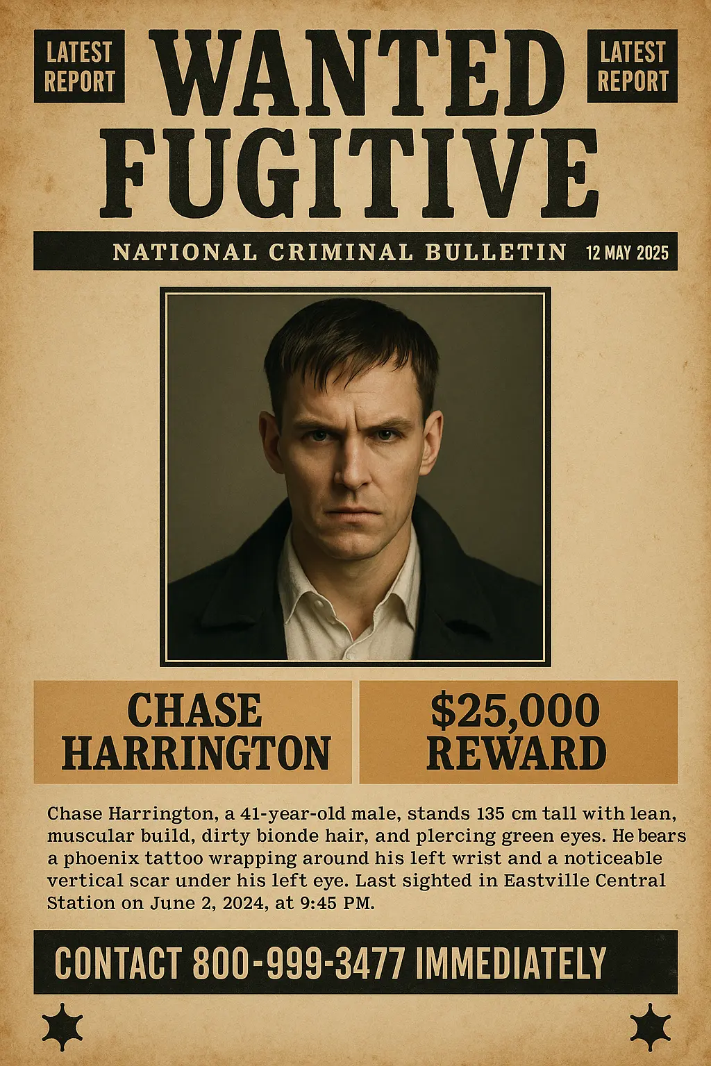 Gritty vintage Missing Poster template with wanted criminal profile