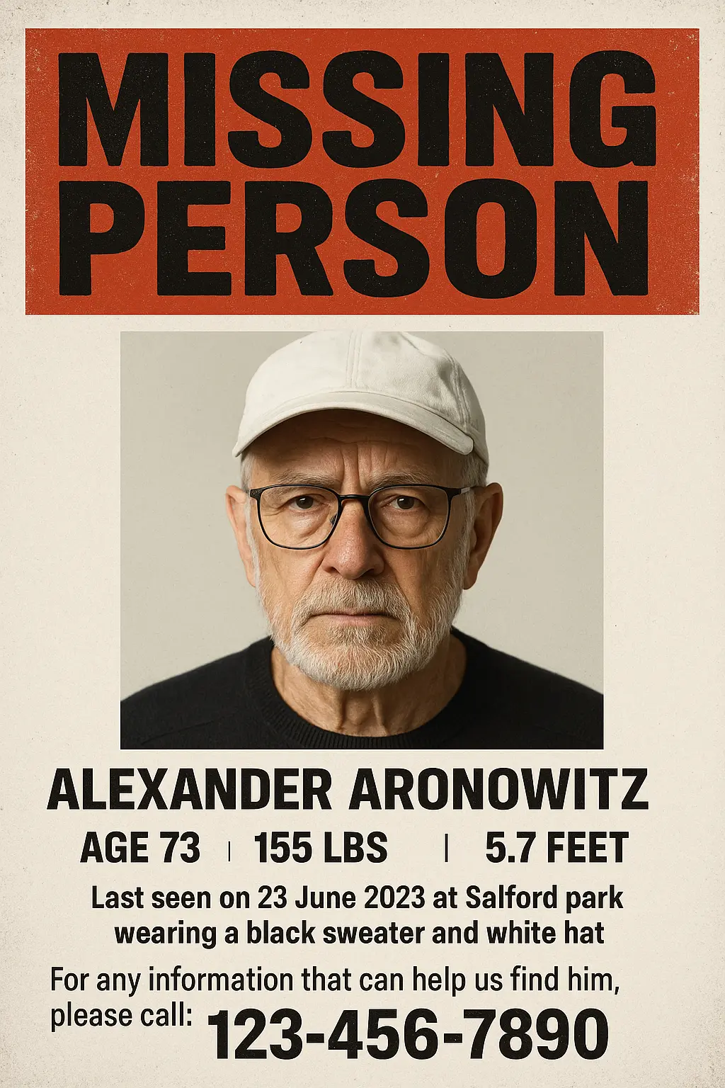 Missing Poster template featuring an elderly man with a white cap and glasses