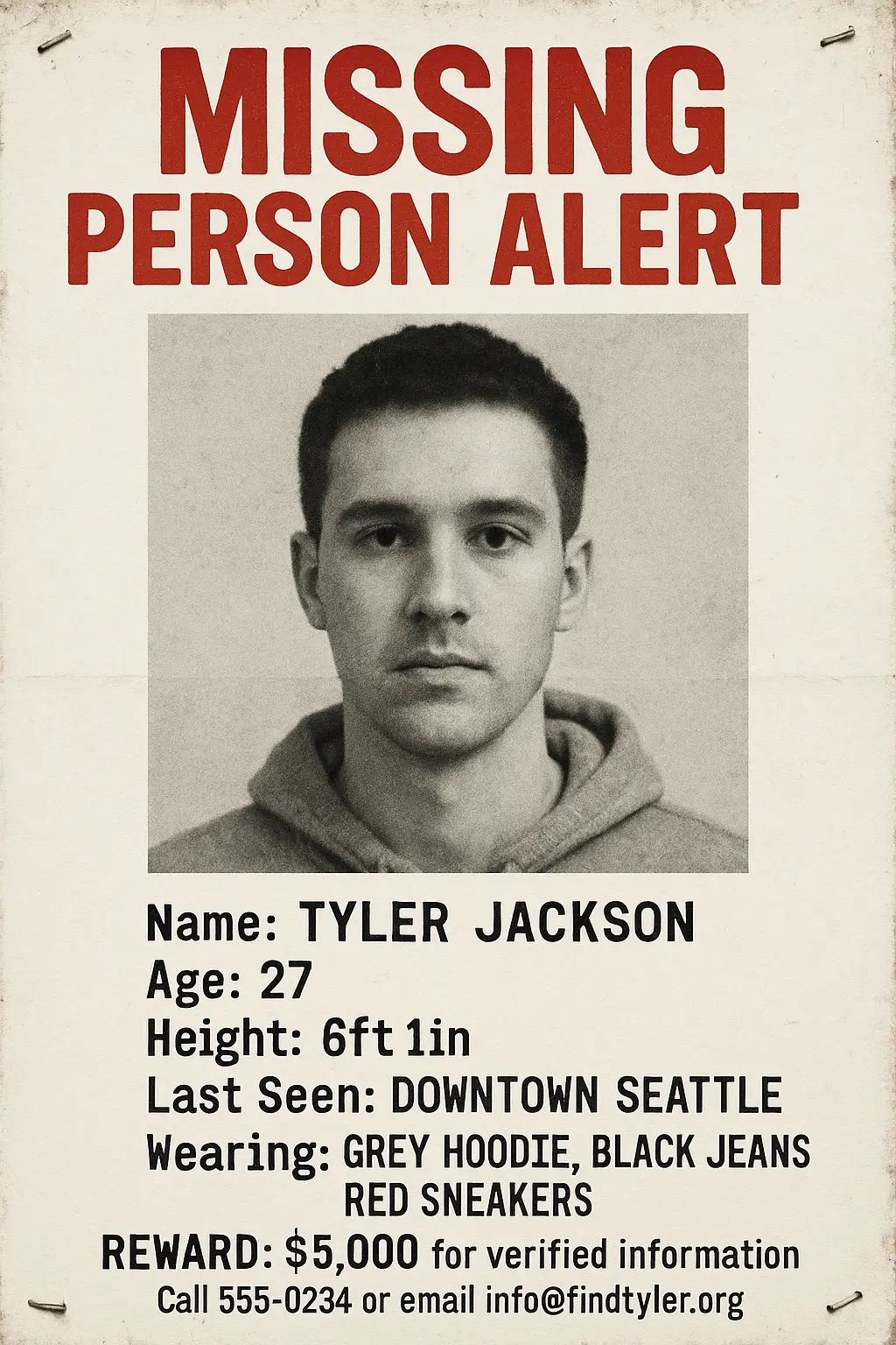 Grungy Missing Poster template with bold red headline and photo